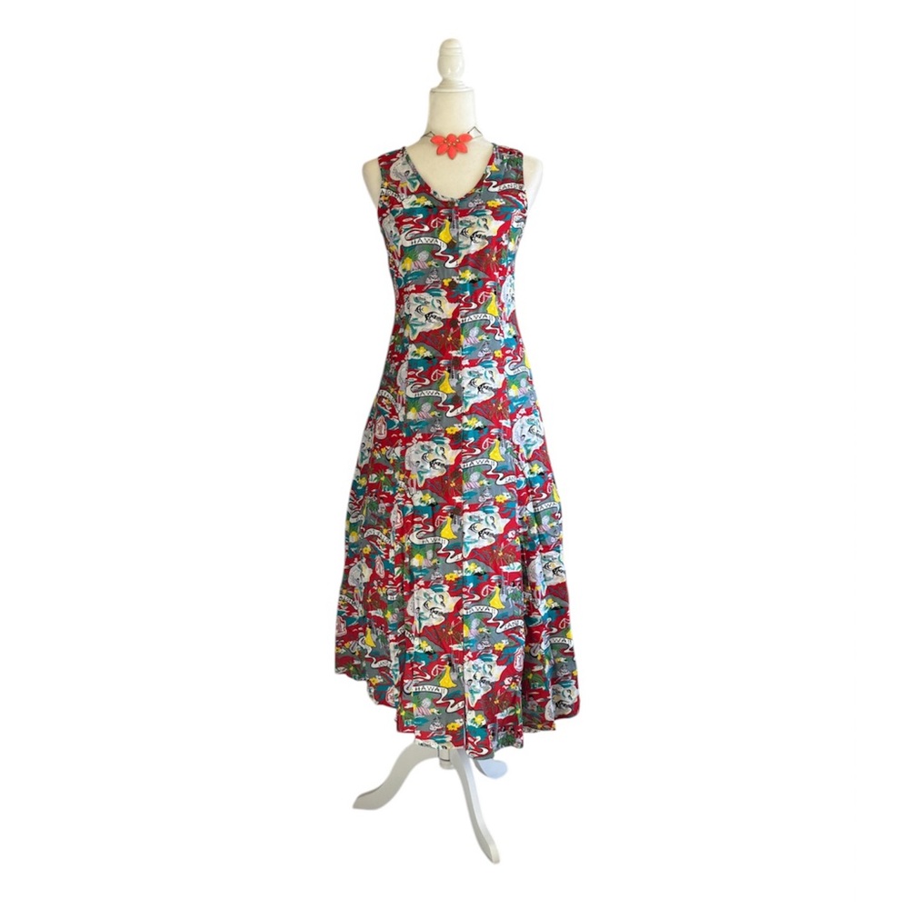 Pineapple Moon Dress Sleeveless Button Front Tropical Hawaiian Print